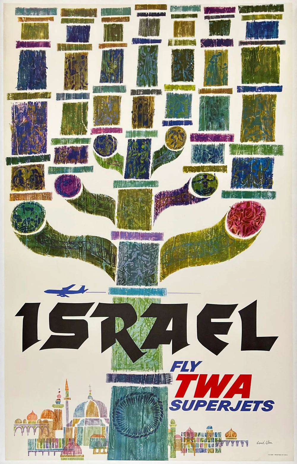 TWA Israel original vintage poster by David Klein, c. 1960, menorah