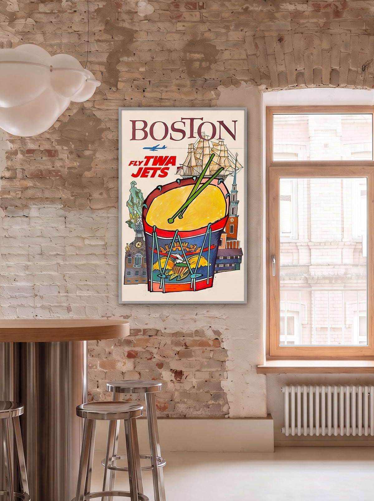 TWA Boston poster by David Klein: Revolutionary War drum surrounded by city landmarks