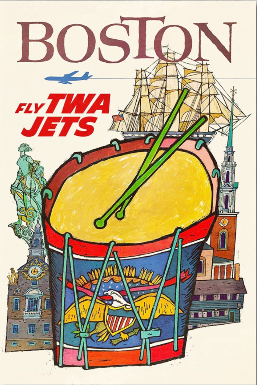 TWA Boston original vintage poster by David Klein, c. 1965, Fly TWA Jets