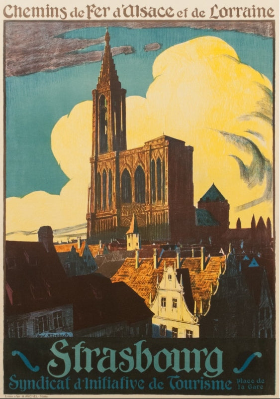Strasbourg, Chemins de Fer Alsace Lorraine, original 1924 poster by René Allenbach, view of Strasbourg cathedral