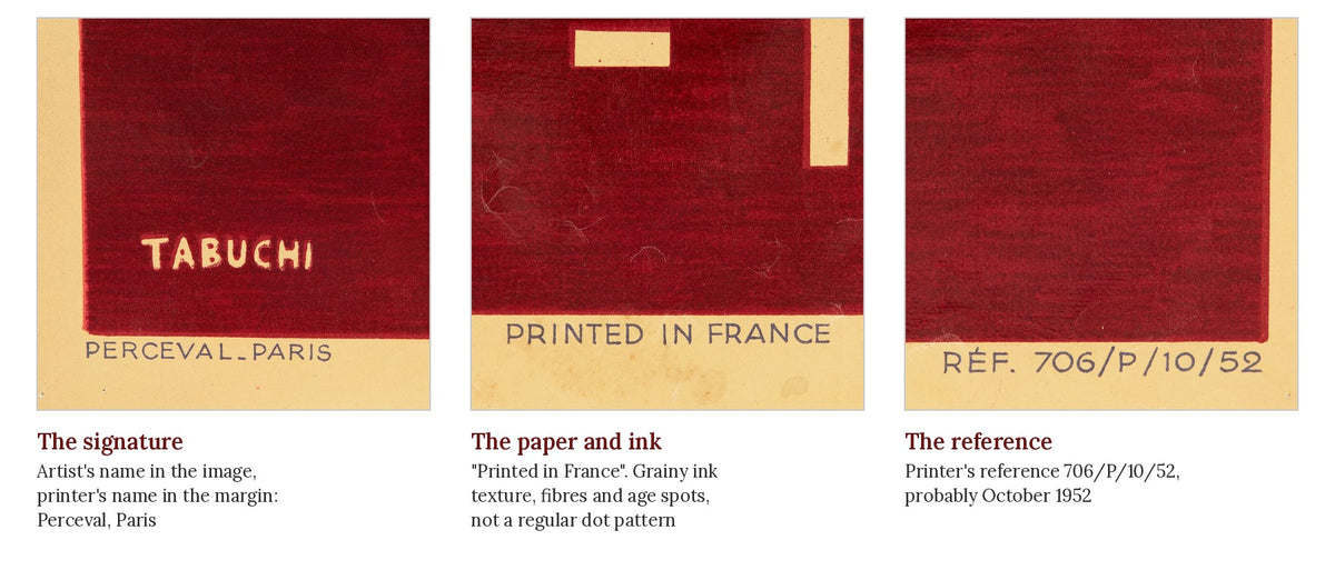 Three close-ups of an original 1952 Air France poster: the artist's signature and printer's name, the paper and ink texture, and the printer's reference number