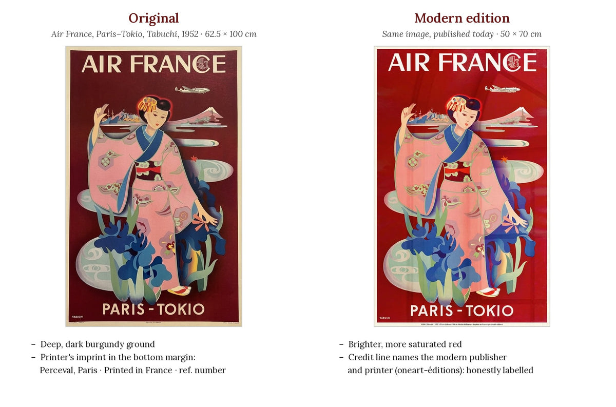 Side-by-side comparison of an original 1952 Air France Paris-Tokio poster by Tabuchi and a modern edition of the same image