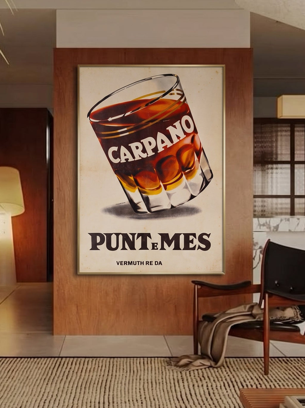 Carpano Punt e Mes vermouth poster by Armando Testa: dramatically tilted oversized glass on a white background