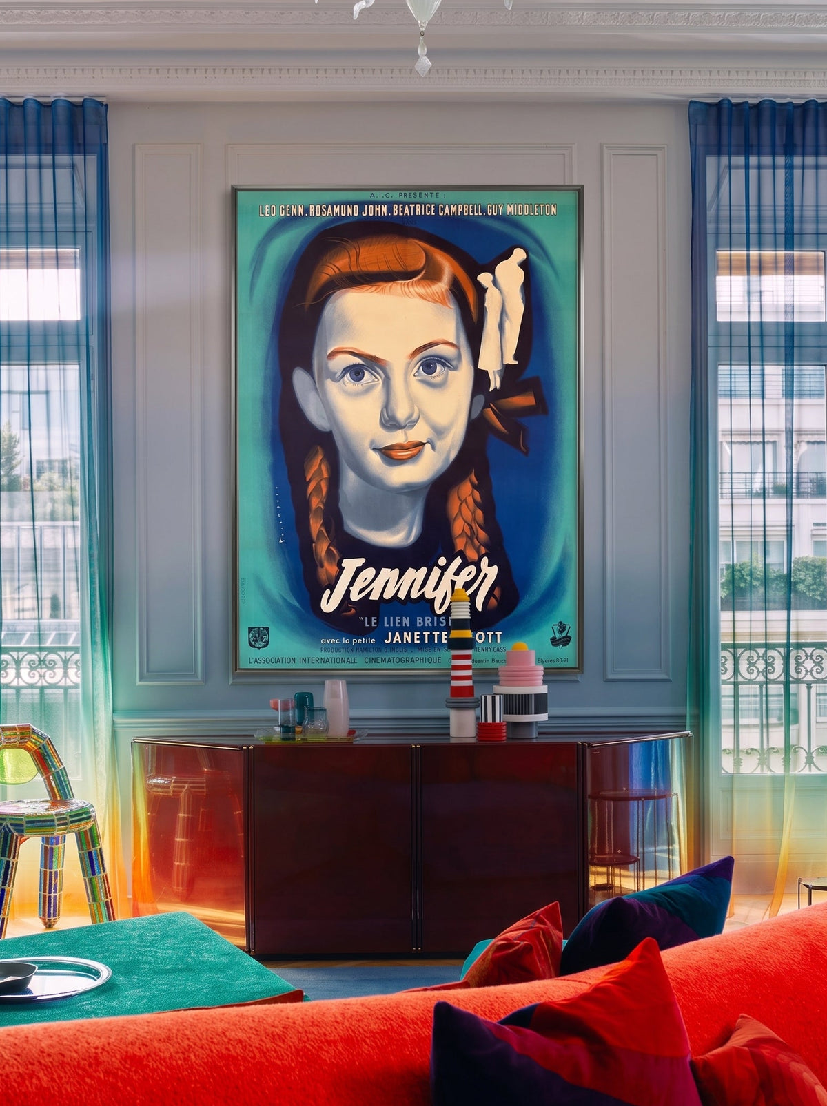 French film poster for Jennifer (Le Lien Brisé) by René Péron: luminous portrait of Janette Scott in turquoise