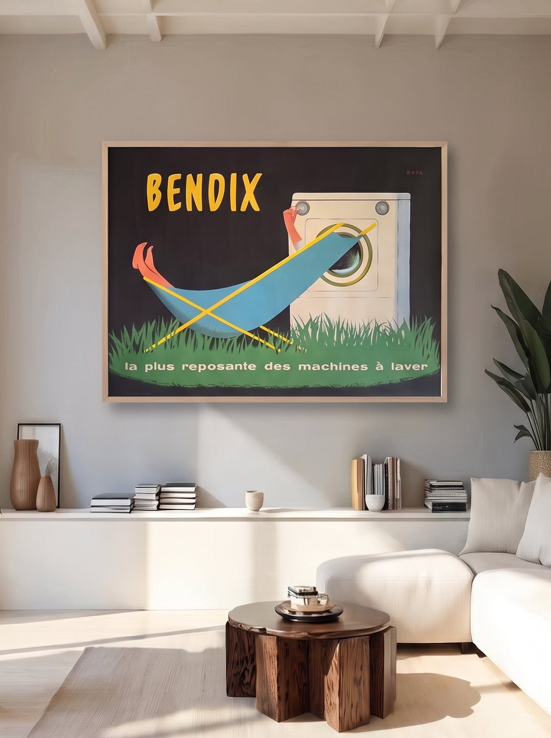 Bendix poster by Eric: woman relaxing in a blue hammock against a black ground