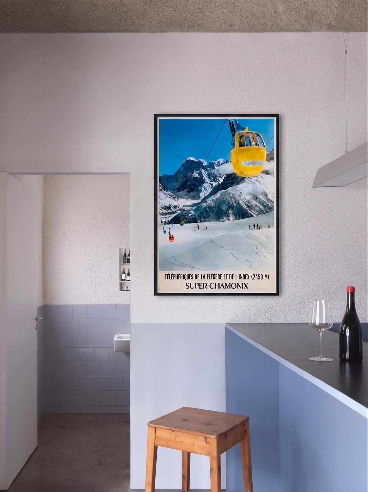 Chamonix poster showing the l'Index two-person gondola above skiers, photograph by Roland Gay-Couttet