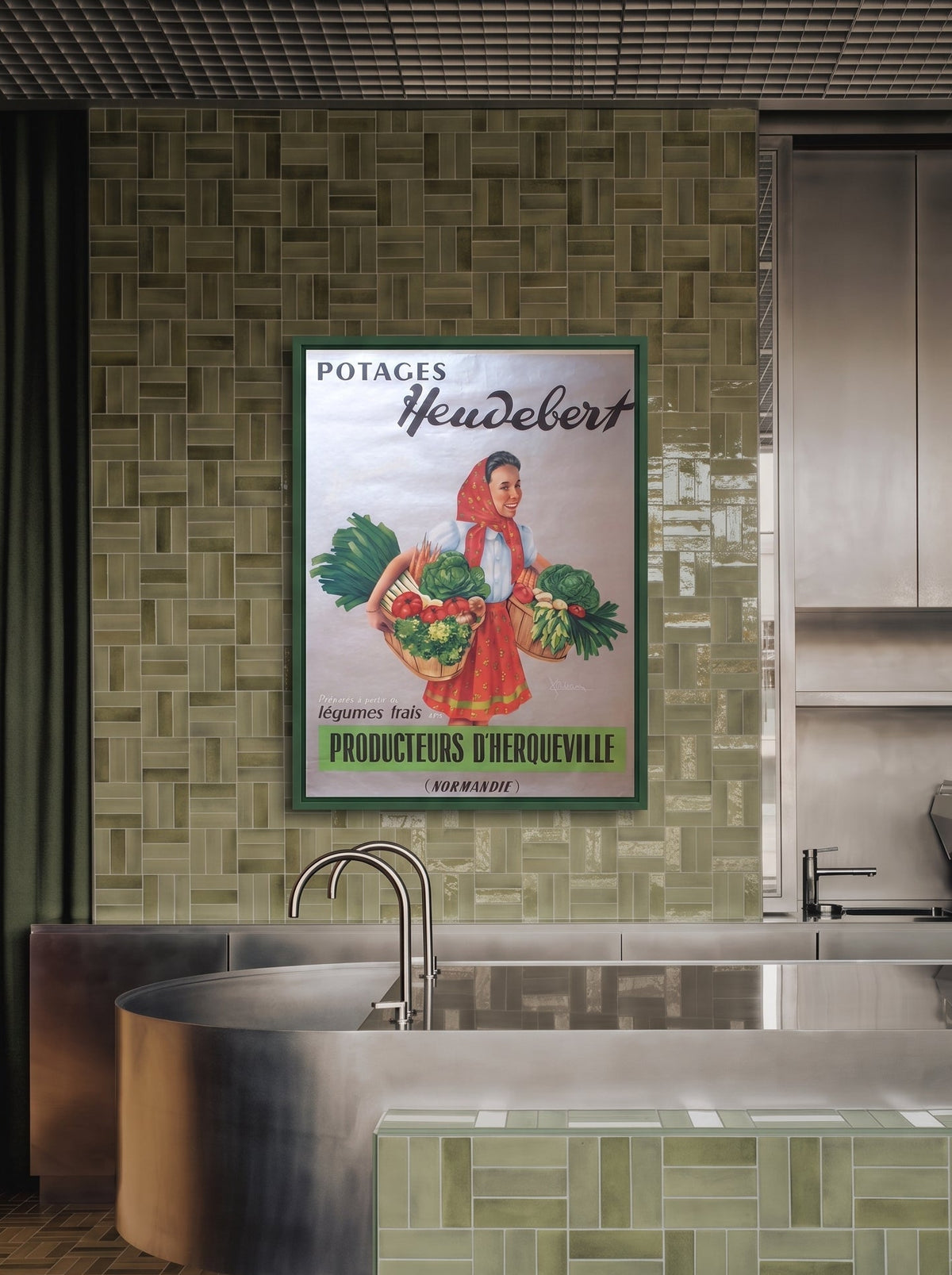 Heudebert Jardinette soup poster: young woman carrying baskets of vegetables on a blue background