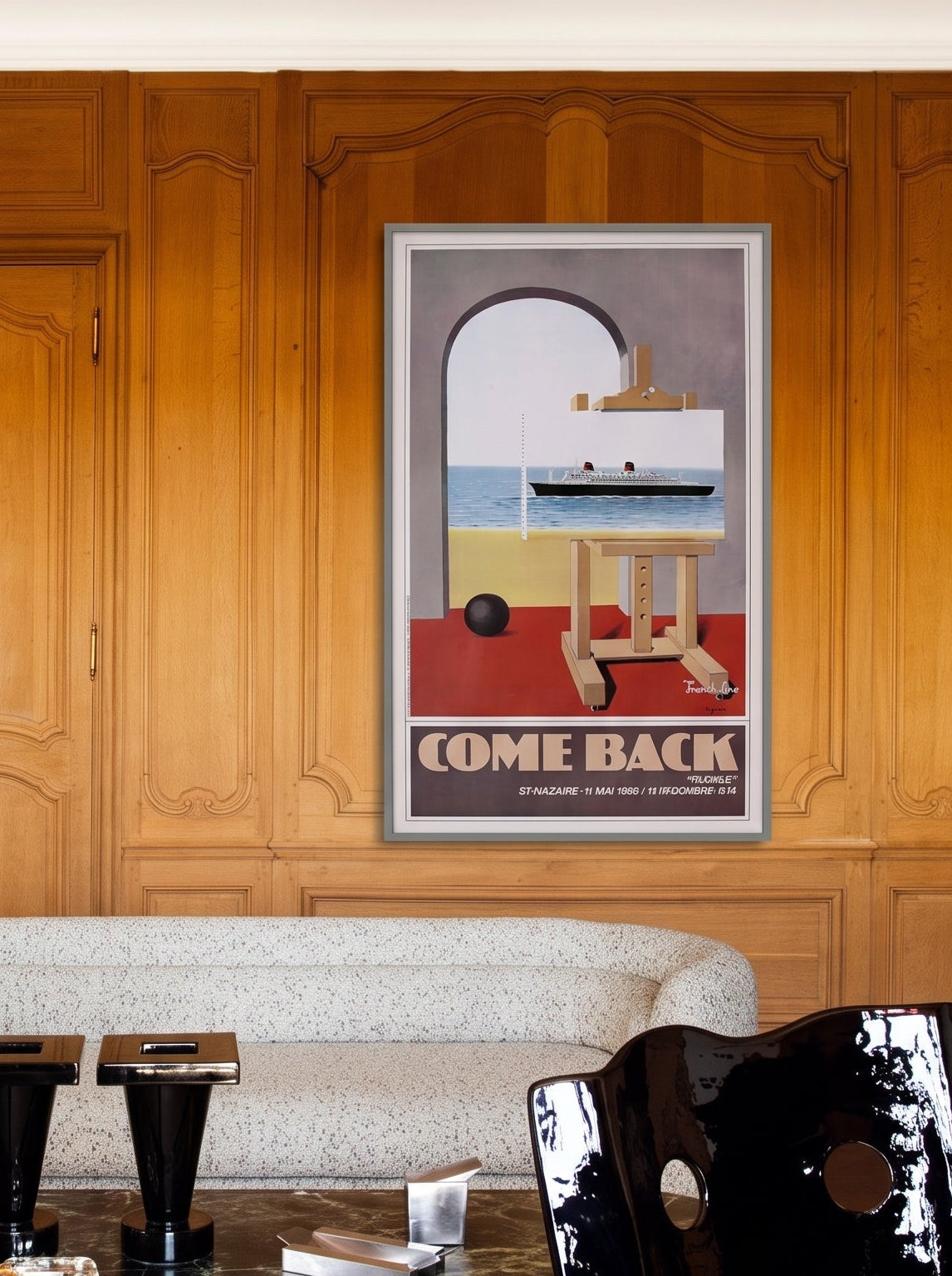 French Line Come Back poster: SS France painted on an easel, homage to Magritte