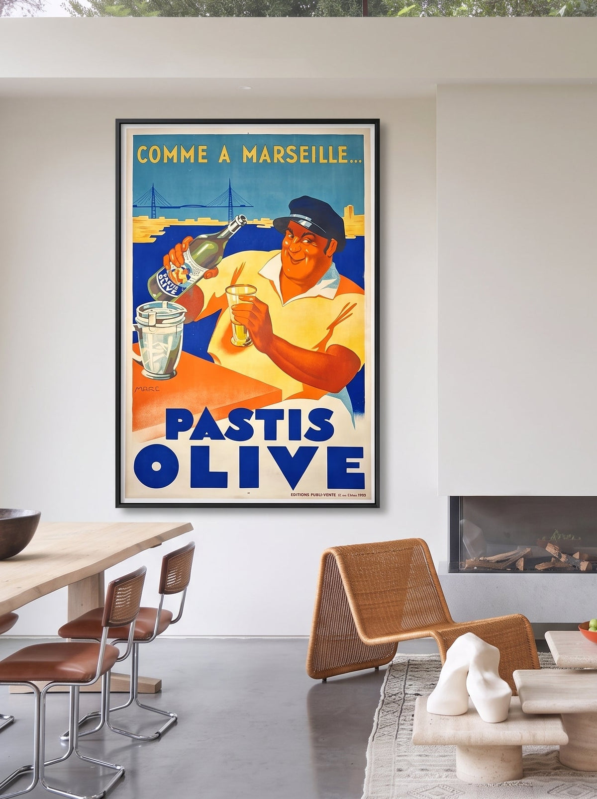 Pastis Olive poster: sun-tanned docker pouring a glass with Marseille harbour and transporter bridge behind