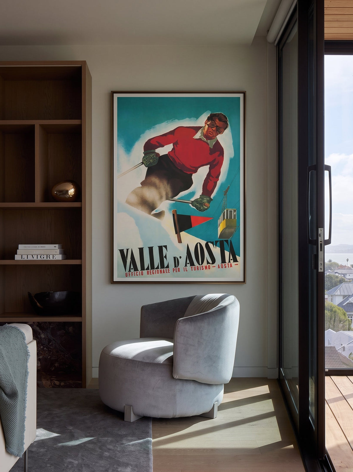 Arnaldo Musati poster: skier in a red sweater and the yellow Funivia dei Ghiacciai gondola at Courmayeur