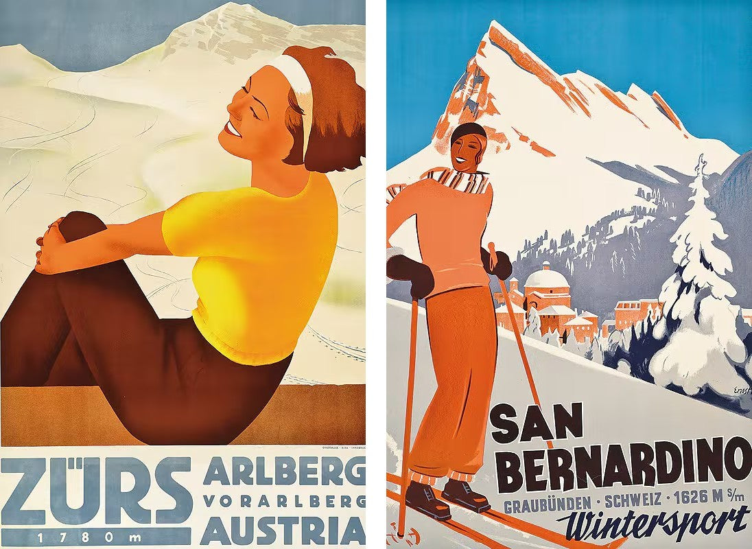 Two vintage Alpine ski posters side by side: Zürs, Arlberg in Austria, and San Bernardino in Switzerland