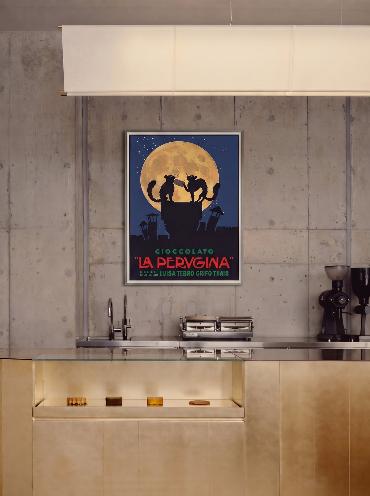 Perugina Art Deco poster of two cats sharing a treat by moonlight